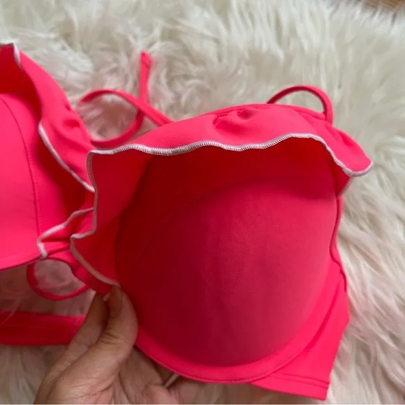 Aerie ruffle bikini set size 36D bra and L bottom tie hot pink with white trim - Picture 11 of 13